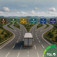Freight truck moving through a logistics network representing sustainable transportation decisions, alternative fuels and network-based freight optimization supported by TQL tools.